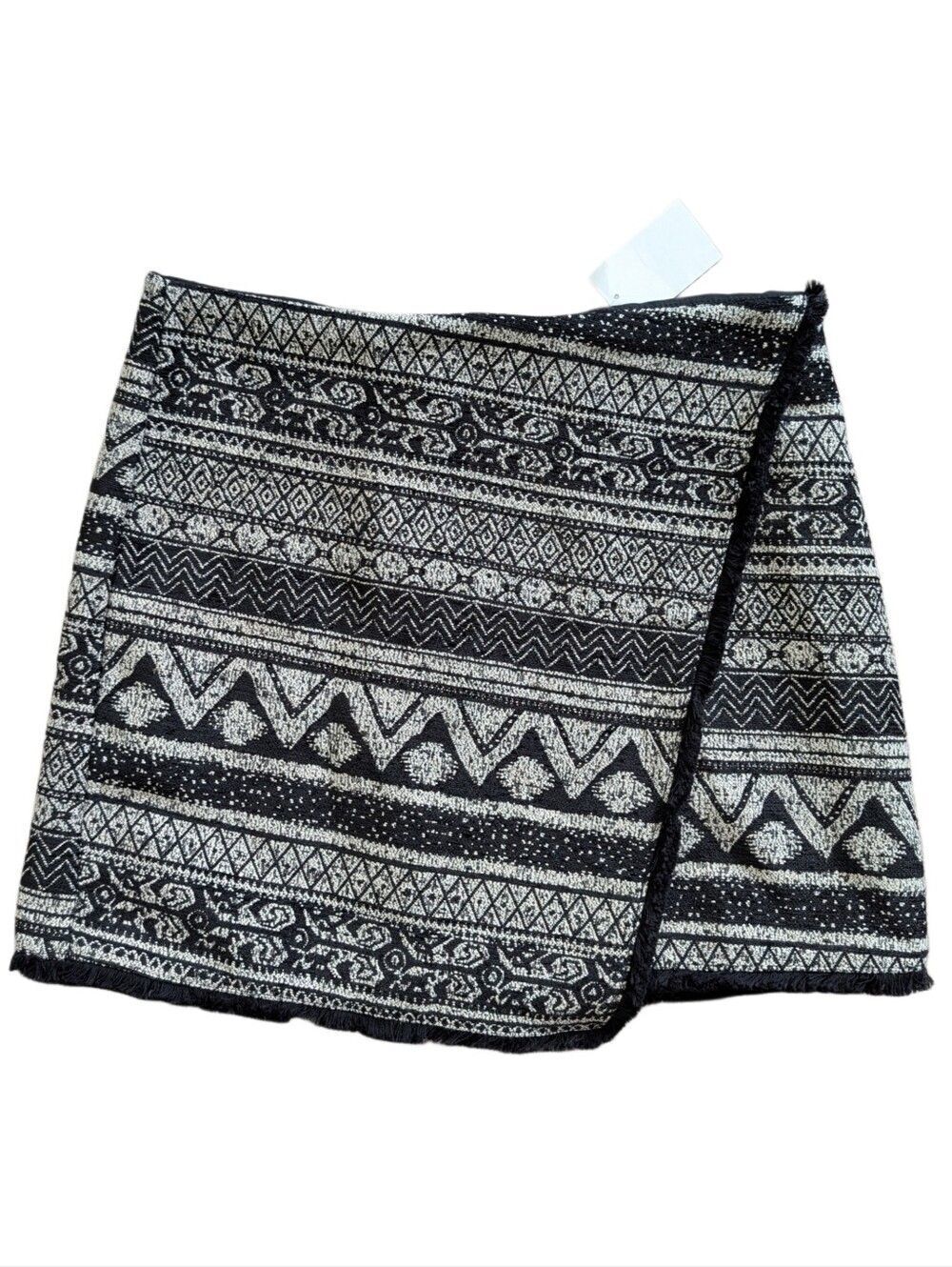 H&M Womens Black White Tweed Party Geometric Faux Wrap Mini Skirt NWT Size 10